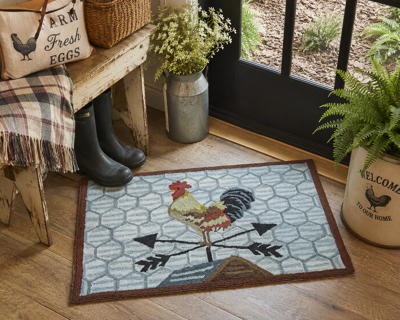 36DE6518-A3A7-4819-90ED-E91DD0006436.png Break Of Day Rooster Weather Vane Hooked Rug 24x36 - Image 1