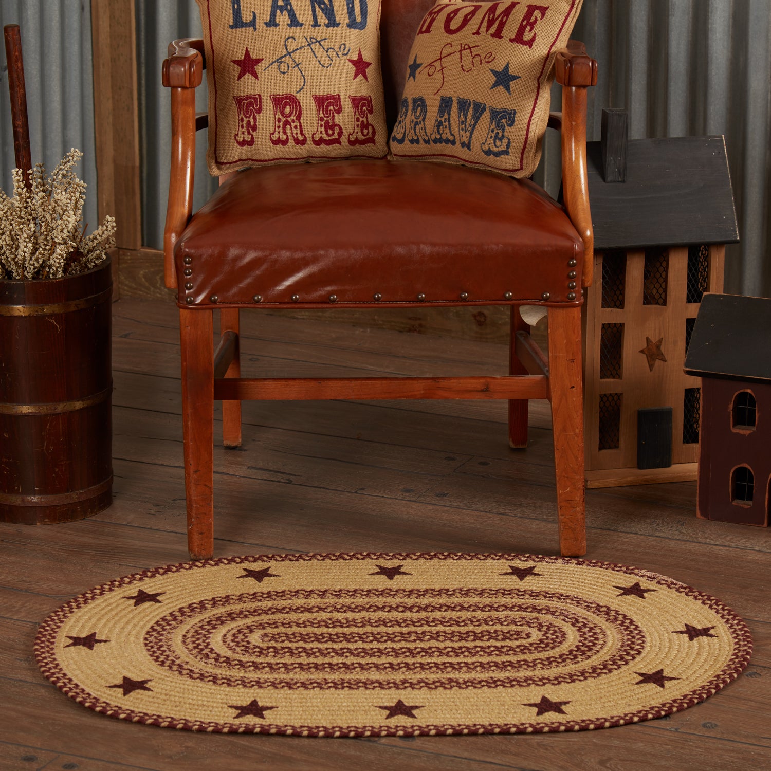70710_LIFESTYLE_1_7b4400c1-b856-414e-acea-819523caf3c7.jpg Burgundy Tan Jute Rug Oval Stencil Stars 24x36 - Image 1